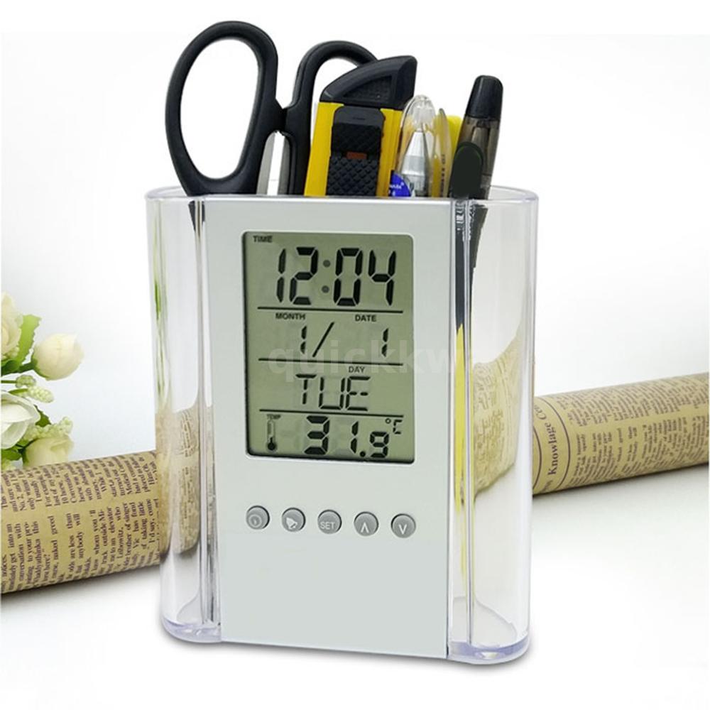 Home Office Glass Pen Pencil Holder Table Desk Clock Calendar